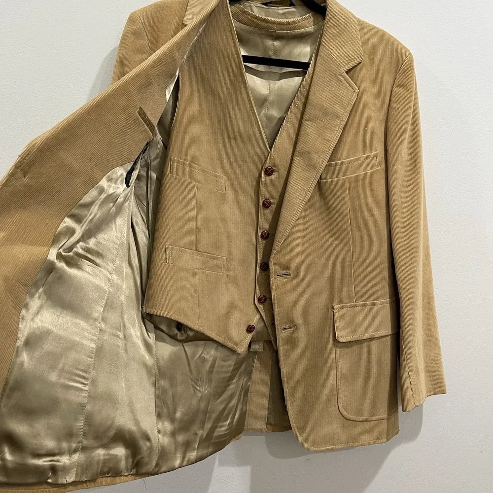 1970s Vintage Corduroy Blazer Vest Set 40R Tan  Preppy  Sport Coat Retro Classic
